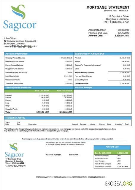 Jamaica Sagicor Bank Jamaica Limited Relevé hypothécaire Modèle Word et PDF
